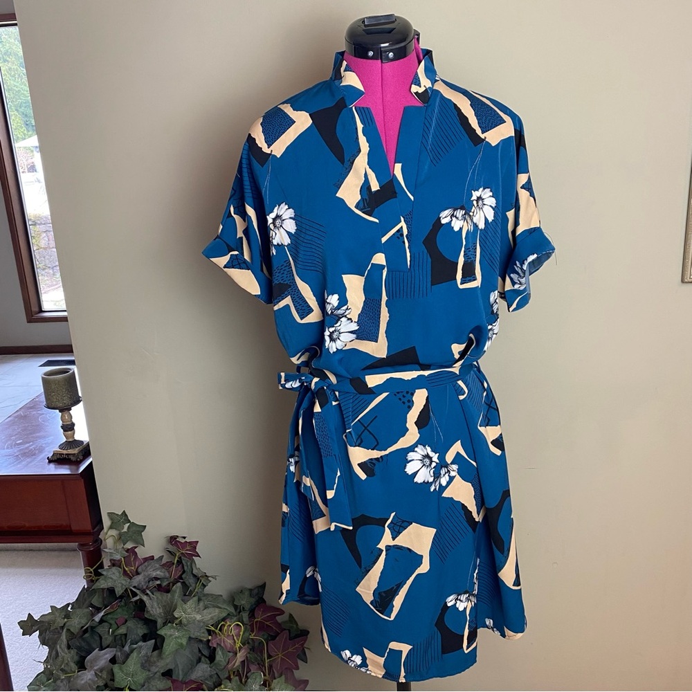 Zara Teal Blue Abstract Print Mini Dress with Cream & Black Accents